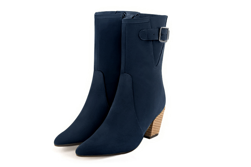 Navy blue women's ankle boots with a zip on the inside. Tapered toe. Medium cone heels. Front view - Florence KOOIJMAN
